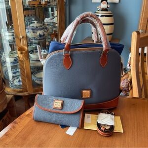 Dooney & Bourke Steel Blue Pebble Leather Zip Zip Satchel and Wallet NWT
